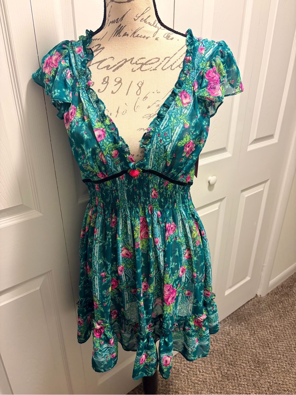 Betsey Johnson Teal Floral Satin Babydoll Chemise with Pink Roses